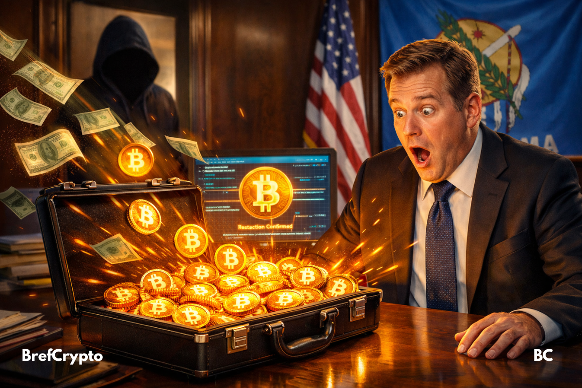 Un fonctionnaire stupéfait découvre une mallette remplie de Bitcoins dans un bureau officiel sous tension numérique.