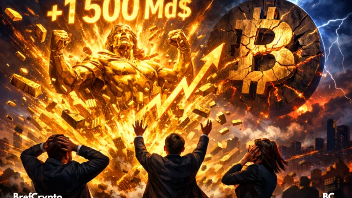 Statue en or surgissant du sol, traders choqués, symbole Bitcoin fissuré en arrière-plan.