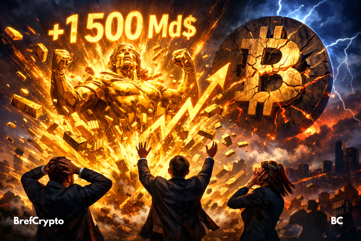 Statue en or surgissant du sol, traders choqués, symbole Bitcoin fissuré en arrière-plan.