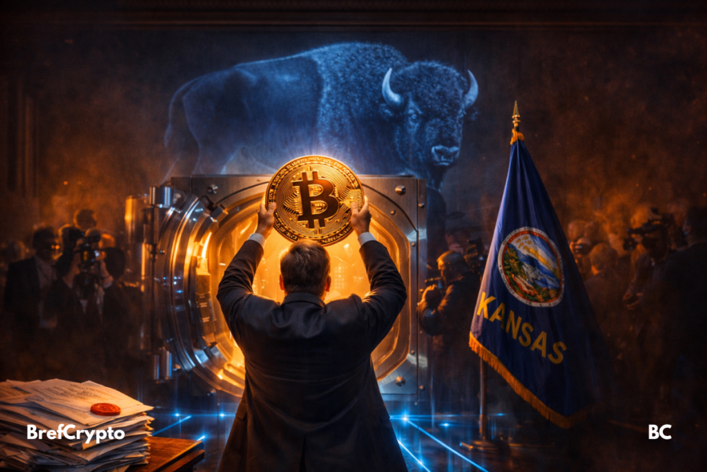 Kansas dépose un projet de “réserve Bitcoin” : jusqu’à 10 % en ETF BTC Un politicien place un Bitcoin géant dans un coffre,