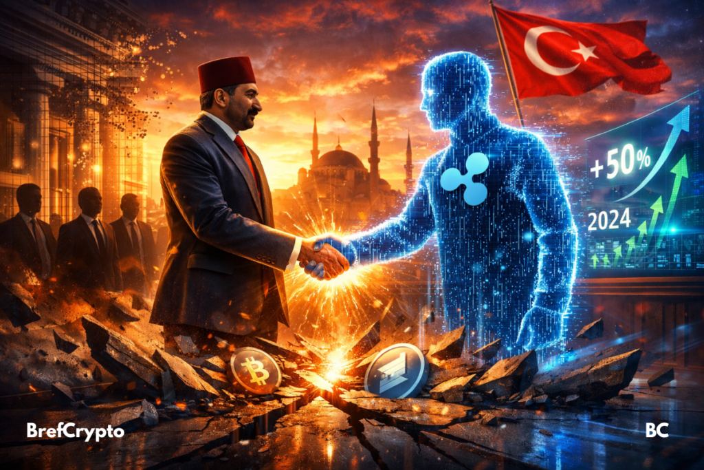 Un banquier turc serre la main à une figure numérique Ripple devant Istanbul et des symboles cryptos.