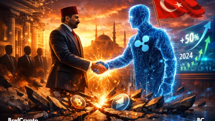 Un banquier turc serre la main à une figure numérique Ripple devant Istanbul et des symboles cryptos.