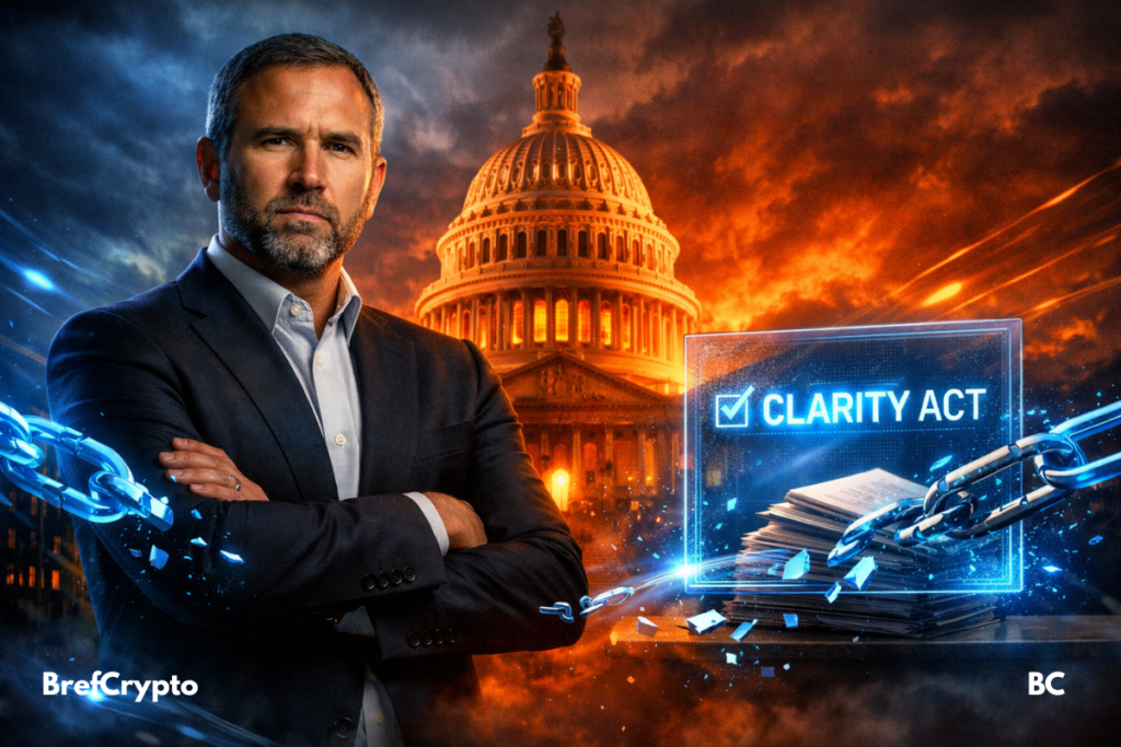 Crypto : Ripple réaffirme son soutien au CLARITY Act pendant que la régulation avance à Washington Homme en costume devant le Capitole, chaînes digitales brisées et hologramme "CLARITY ACT" en lumière bleue