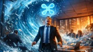 Dirigeant choqué dans une salle inondée par une vague numérique géante avec logo Ripple lumineux flottant.