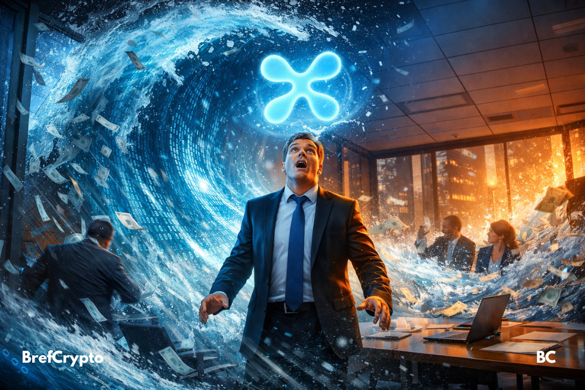 Dirigeant choqué dans une salle inondée par une vague numérique géante avec logo Ripple lumineux flottant.