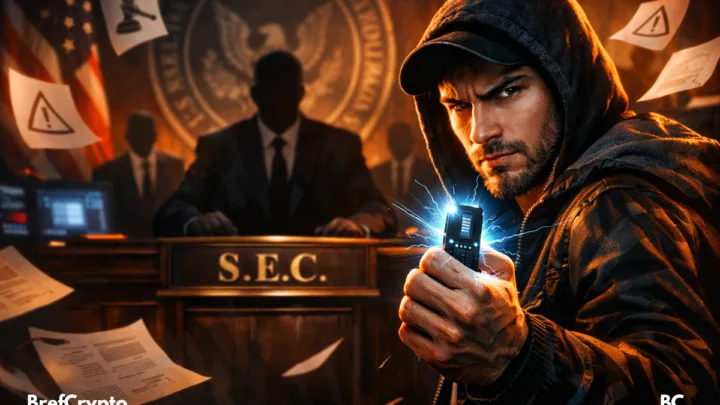 Homme en hoodie tenant une clé crypto face à un agent de la SEC dans une salle sombre.