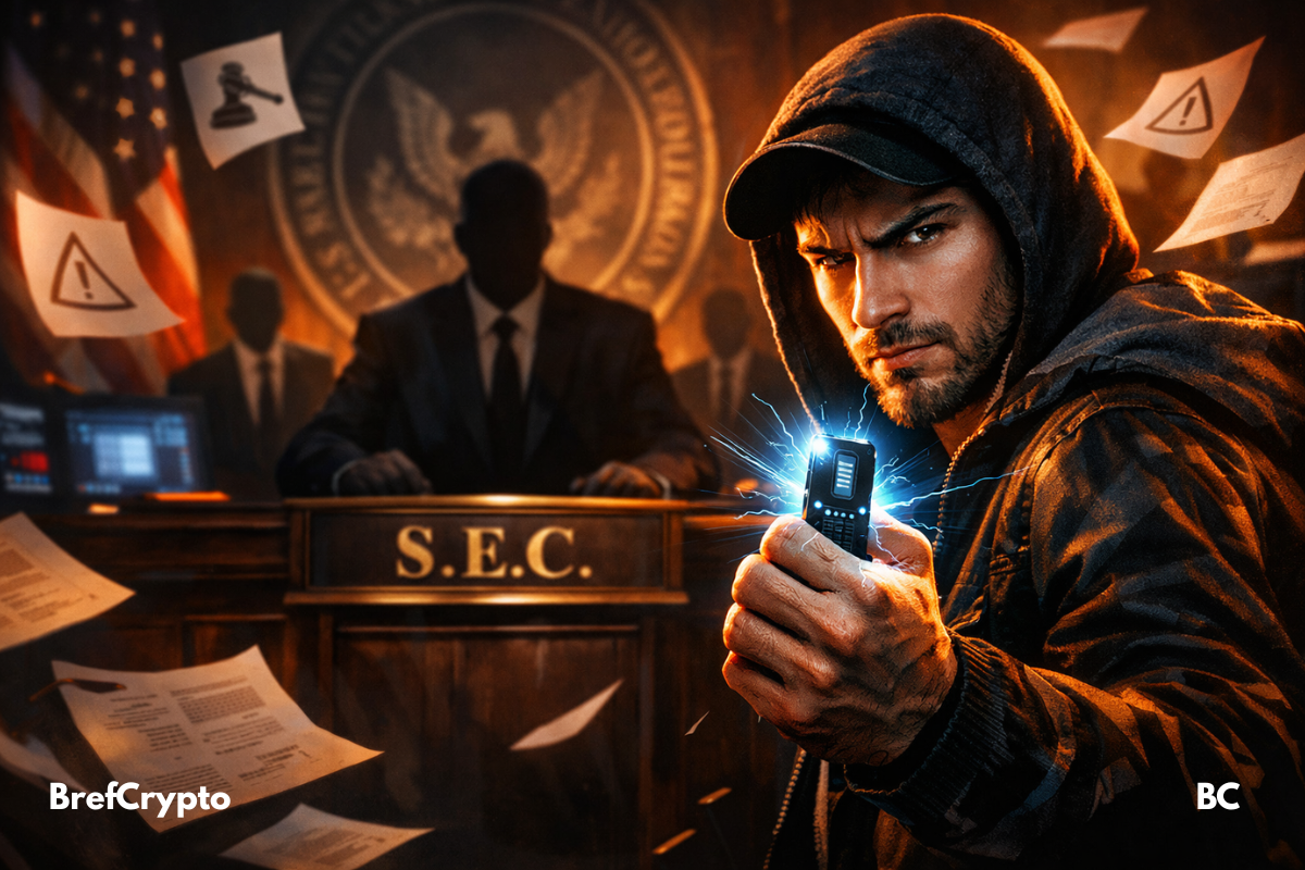 Homme en hoodie tenant une clé crypto face à un agent de la SEC dans une salle sombre.