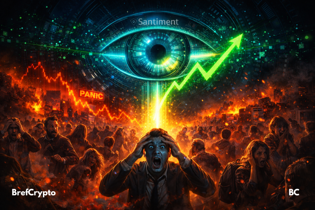 Un œil numérique projette une flèche verte de la hausse crypto au-dessus d’une foule paniquée en feu.