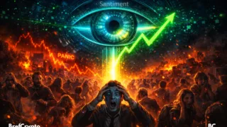 Un œil numérique projette une flèche verte de la hausse crypto au-dessus d’une foule paniquée en feu.