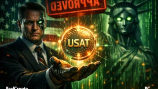 Cyborg tendant une pièce USAT de Tether devant une Statue de la Liberté robotisée