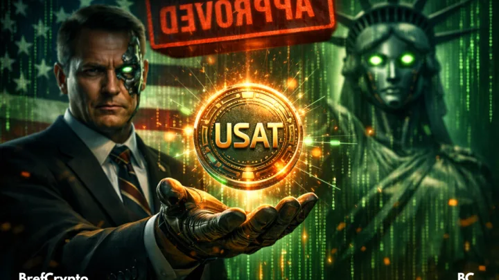 Cyborg tendant une pièce USAT de Tether devant une Statue de la Liberté robotisée