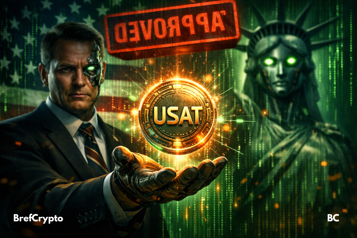 Cyborg tendant une pièce USAT de Tether devant une Statue de la Liberté robotisée