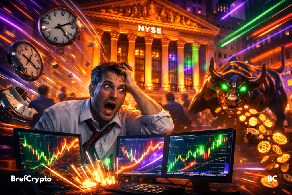 Trader paniqué, écrans explosifs, horloges brisées, NYSE illuminé, taureau cyber crache crypto, chaos 24/7 imminent.