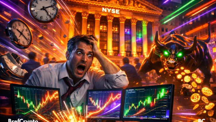 Trader paniqué, écrans explosifs, horloges brisées, NYSE illuminé, taureau cyber crache crypto, chaos 24/7 imminent.