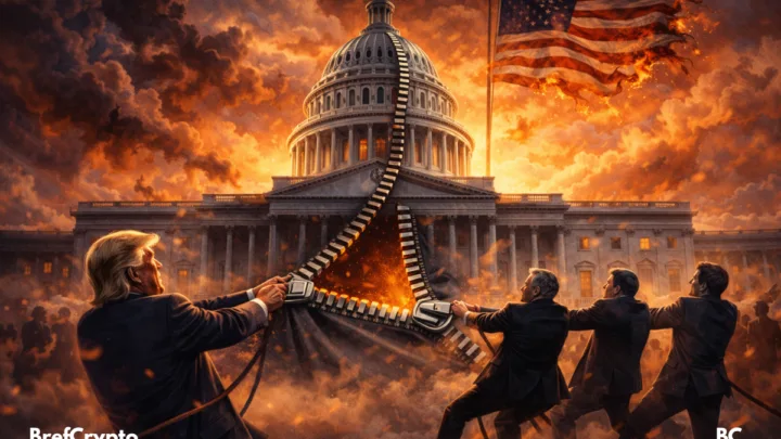 Trump et des sénateurs tirent une fermeture éclair sur le Capitole en flammes.