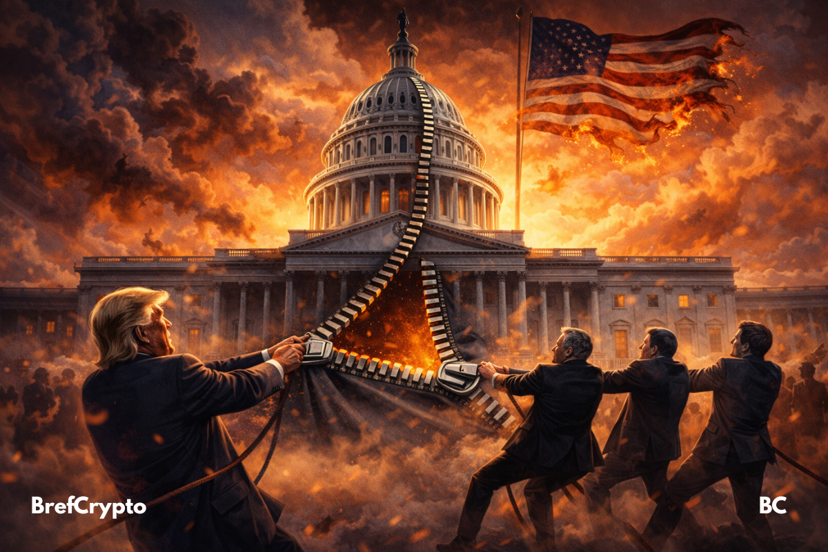 Trump et des sénateurs tirent une fermeture éclair sur le Capitole en flammes.