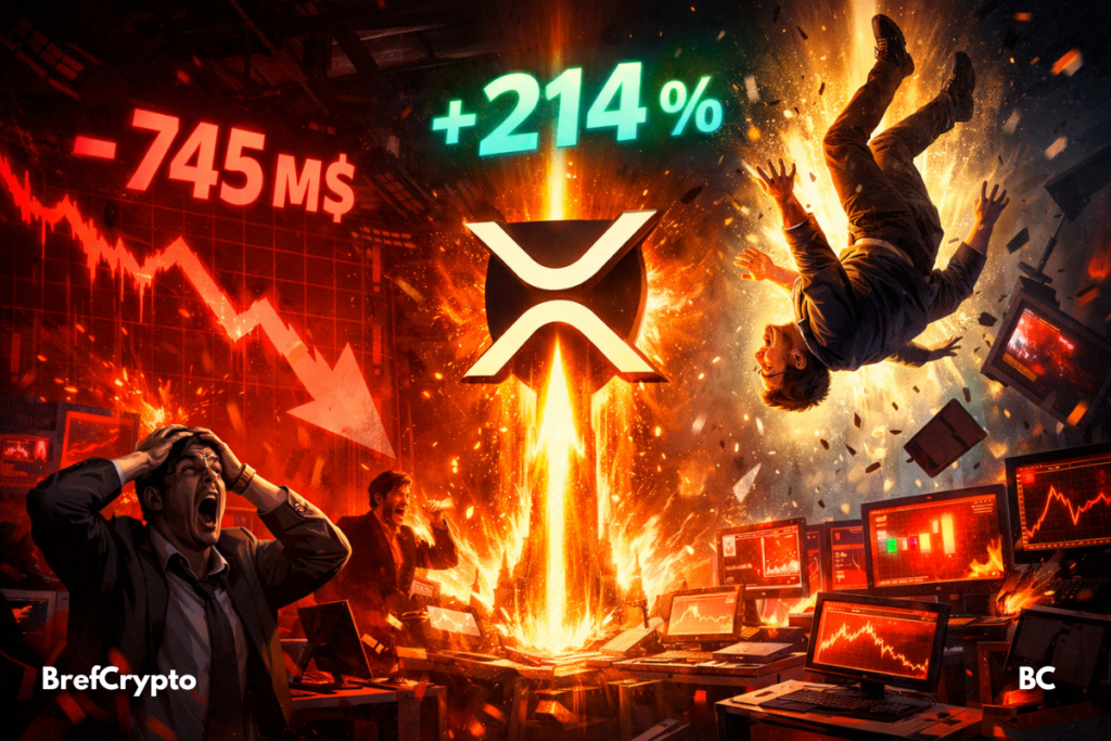 Le marché crypto saigne 745 M$ et le volume du XRP décolle de 214 % XRP s’élève dans une explosion lumineuse, surmonté de “+214 %”.