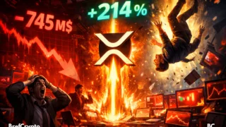 XRP s’élève dans une explosion lumineuse, surmonté de “+214 %”.