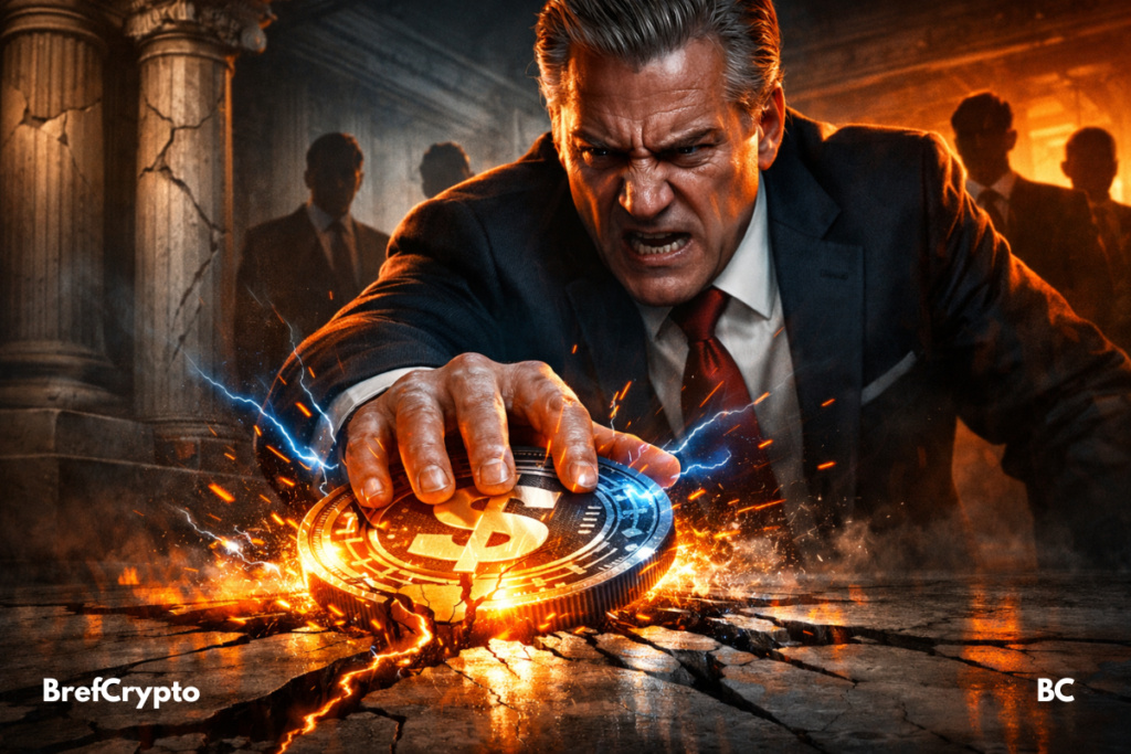 11 % de rendement ? Les banques américaines disent non aux stablecoins Un banquier en colère écrase une pièce digitale représentant un stablecoin, provoquant des fissures dans le sol et des éclairs d’énergie, tandis que des figures sombres l’observent en arrière-plan dans un décor de banque dramatique.