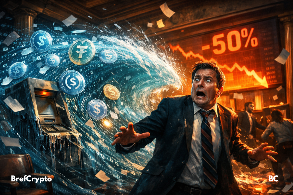 Un banquier paniqué recule devant une vague numérique de stablecoins, dans une banque en plein chaos financier.