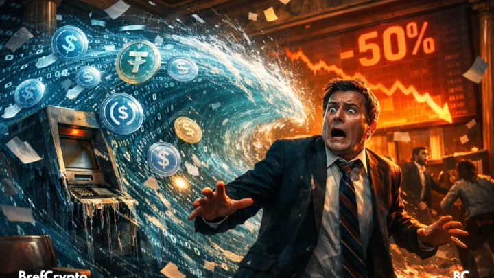 Un banquier paniqué recule devant une vague numérique de stablecoins, dans une banque en plein chaos financier.