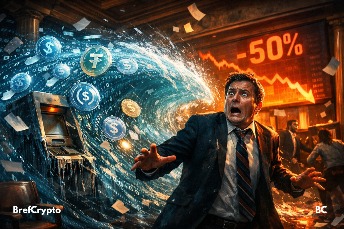 Un banquier paniqué recule devant une vague numérique de stablecoins, dans une banque en plein chaos financier.