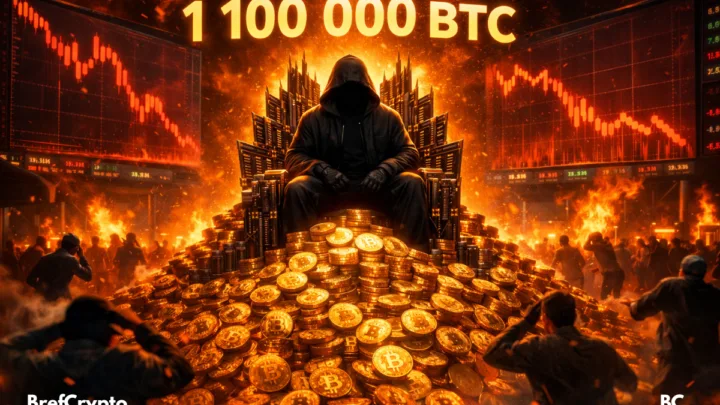 Un personnage encapuchonné, assis sur un trône fait de circuits imprimés, est entouré d’une immense pile de pièces de Bitcoin dorées.