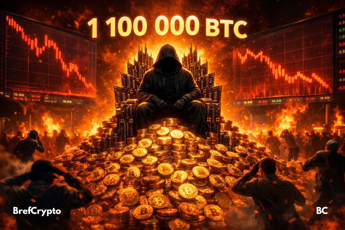 Un personnage encapuchonné, assis sur un trône fait de circuits imprimés, est entouré d’une immense pile de pièces de Bitcoin dorées.