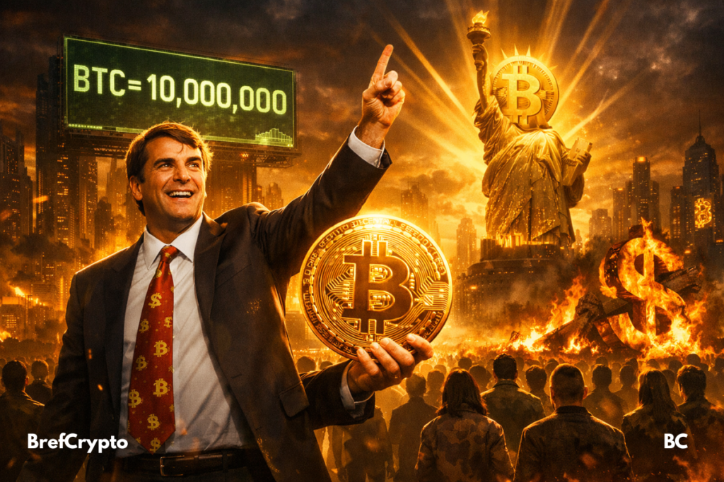 Tim Draper lève le bras devant une foule et une ville futuriste, tenant une pièce de Bitcoin géante. En arrière-plan, une statue de la Liberté remplacée par un Bitcoin rayonnant, un symbole du dollar en flammes, et un écran géant affichant BTC = 10,000,000.