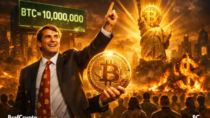 Tim Draper lève le bras devant une foule et une ville futuriste, tenant une pièce de Bitcoin géante. En arrière-plan, une statue de la Liberté remplacée par un Bitcoin rayonnant, un symbole du dollar en flammes, et un écran géant affichant BTC = 10,000,000.