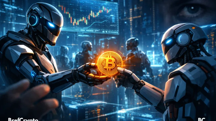 Deux robots futuristes s’échangent une pièce de Bitcoin brillante dans un environnement numérique bleu avec écrans de données en arrière-plan, pendant qu’une main et un œil humains flous observent discrètement la scène.