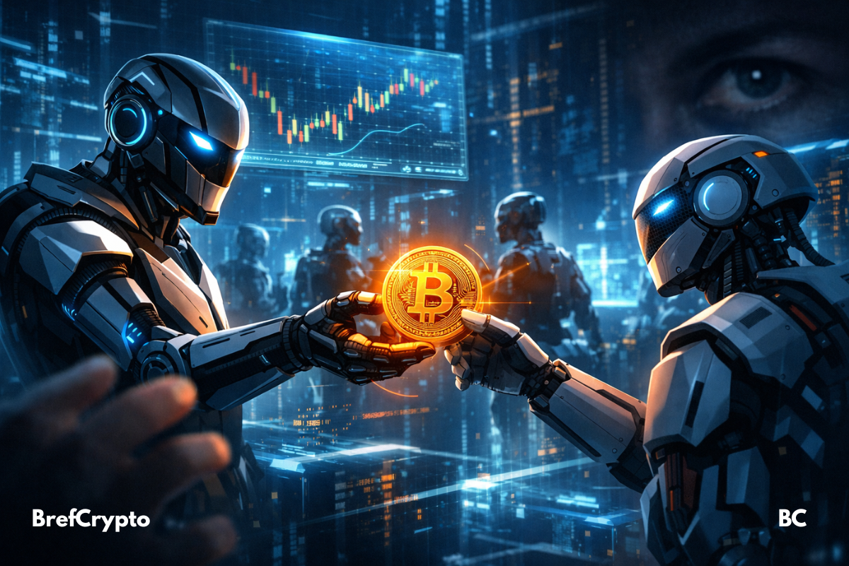 Deux robots futuristes s’échangent une pièce de Bitcoin brillante dans un environnement numérique bleu avec écrans de données en arrière-plan, pendant qu’une main et un œil humains flous observent discrètement la scène.