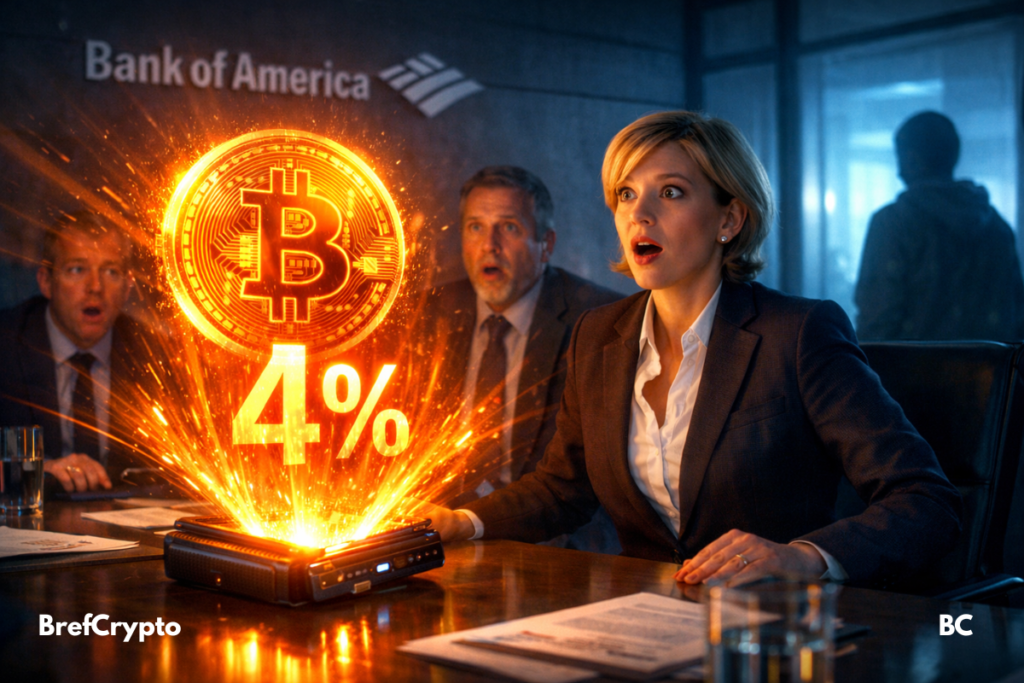 Dans une salle de réunion moderne arborant le logo de la Bank of America, trois professionnels en costume réagissent avec surprise face à la crypto de référence