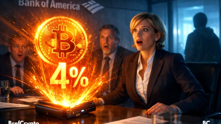 Dans une salle de réunion moderne arborant le logo de la Bank of America, trois professionnels en costume réagissent avec surprise face à la crypto de référence