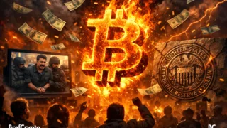 Bitcoin en feu au centre, pluie de billets, foule agitée, capture de Maduro à la télé, logo fissuré de la Fed en arrière-plan.