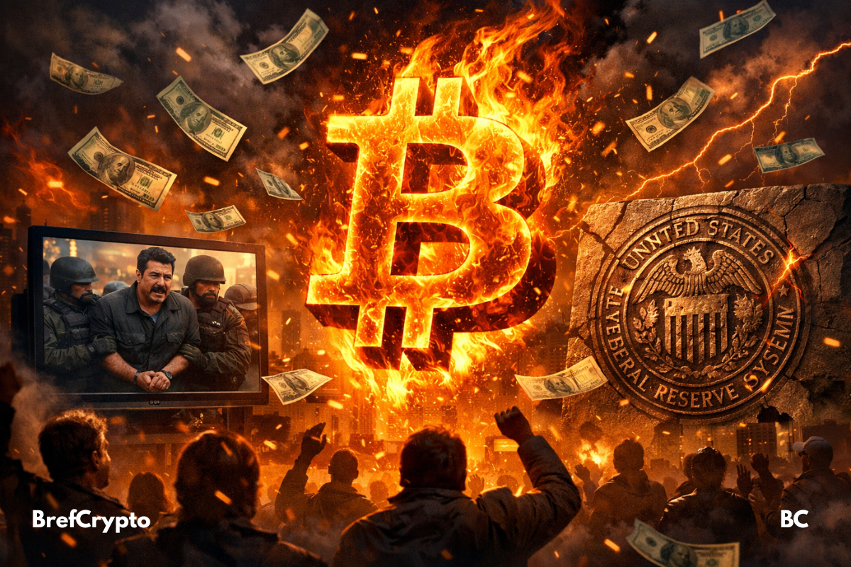 Bitcoin en feu au centre, pluie de billets, foule agitée, capture de Maduro à la télé, logo fissuré de la Fed en arrière-plan.