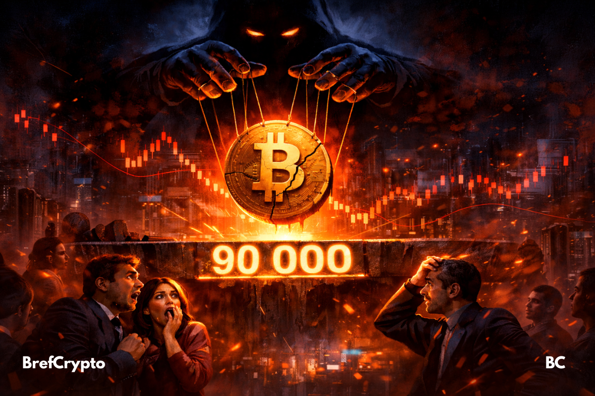 Une ombre mystérieuse manipule le Bitcoin alors que le seuil critique des 90 000 $ est menacé. Tension, peur et soupçons de manipulation secouent le marché crypto