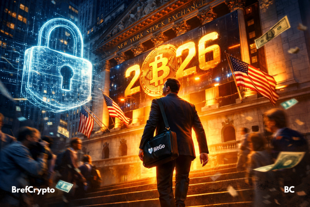 Crypto : Un homme en costume, portant une sacoche BitGo, monte les marches du New York Stock Exchange illuminé. Un cadenas numérique géant flotte à gauche, entouré de codes binaires.