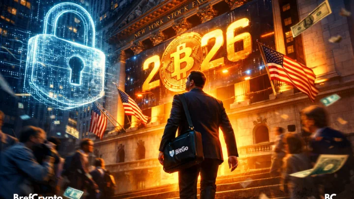 Crypto : Un homme en costume, portant une sacoche BitGo, monte les marches du New York Stock Exchange illuminé. Un cadenas numérique géant flotte à gauche, entouré de codes binaires.