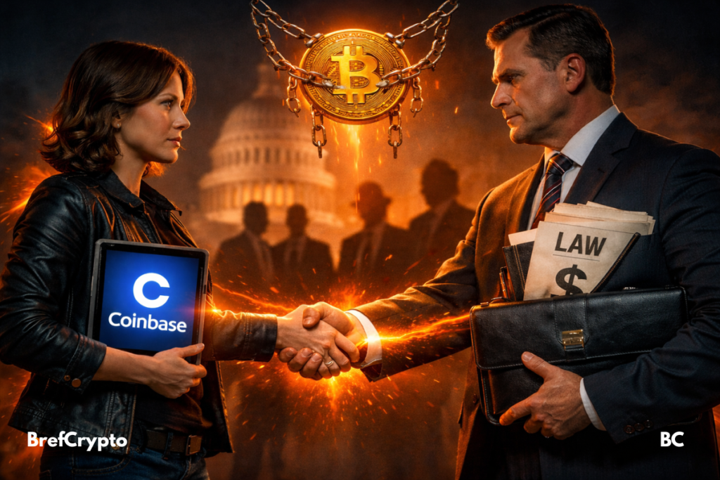 Une femme tenant une tablette crypto Coinbase serre la main d’un banquier en costume devant le Capitole, avec une pièce Bitcoin enchaînée flottant au-dessus d’eux et des documents marqués "LAW" et "$" dans une mallette, sur fond de silhouettes politiques et d’éclairs orange symbolisant la tension et la collaboration.