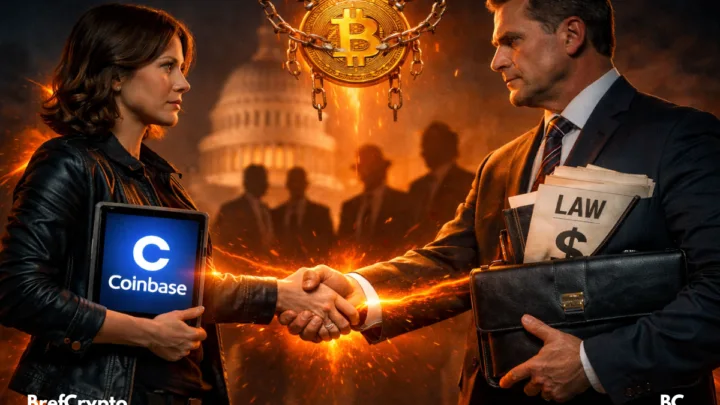 Une femme tenant une tablette crypto Coinbase serre la main d’un banquier en costume devant le Capitole, avec une pièce Bitcoin enchaînée flottant au-dessus d’eux et des documents marqués "LAW" et "$" dans une mallette, sur fond de silhouettes politiques et d’éclairs orange symbolisant la tension et la collaboration.