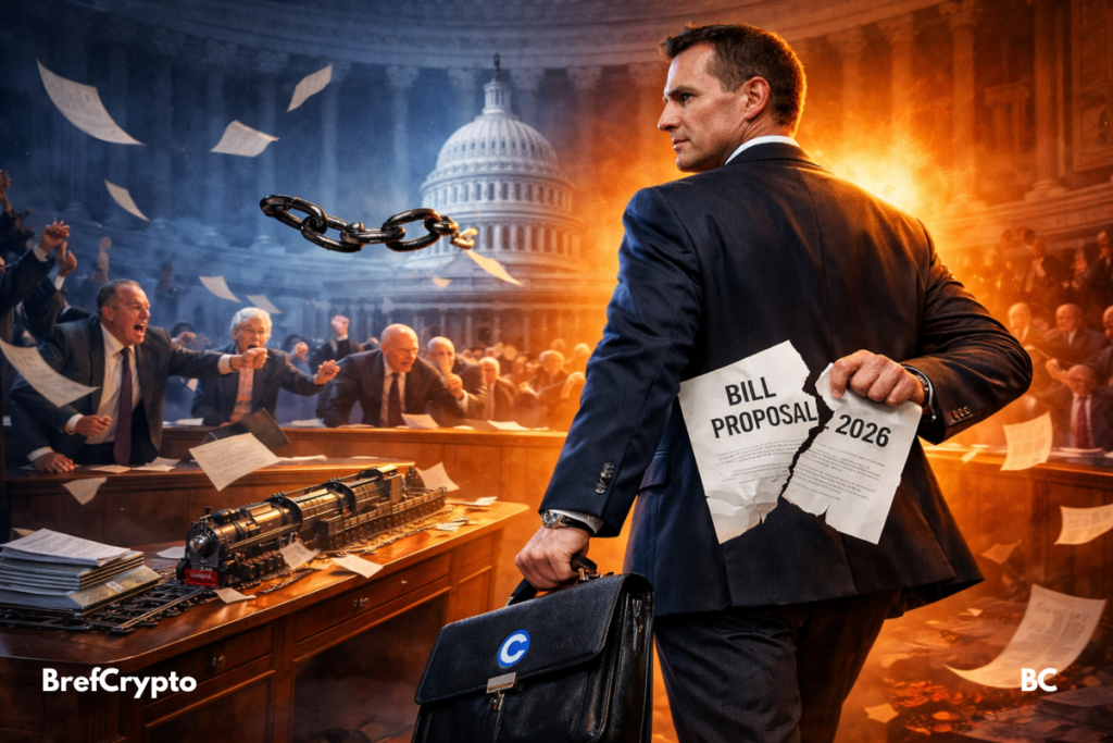 Un dirigeant de Coinbase quitte une salle du Sénat américain en tenant une proposition de loi crypto déchirée marquée "2026", sous les regards choqués et furieux des sénateurs