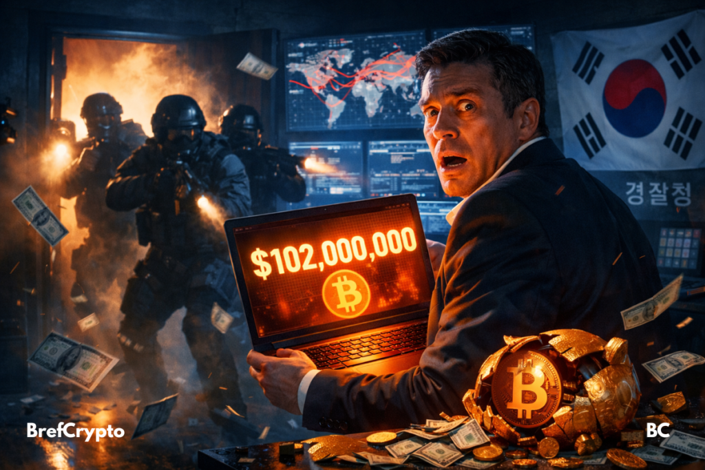 Un homme en costume, l’air paniqué, tient un ordinateur affichant “$102,000,000” et un symbole Bitcoin, alors que des policiers sud-coréens en tenue de combat font irruption dans une pièce remplie d’écrans et de fumée. Au sol, une tirelire Bitcoin brisée laisse échapper billets et pièces, sous une lumière dramatique bleue et orange.
