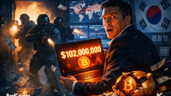 Un homme en costume, l’air paniqué, tient un ordinateur affichant “$102,000,000” et un symbole Bitcoin, alors que des policiers sud-coréens en tenue de combat font irruption dans une pièce remplie d’écrans et de fumée. Au sol, une tirelire Bitcoin brisée laisse échapper billets et pièces, sous une lumière dramatique bleue et orange.