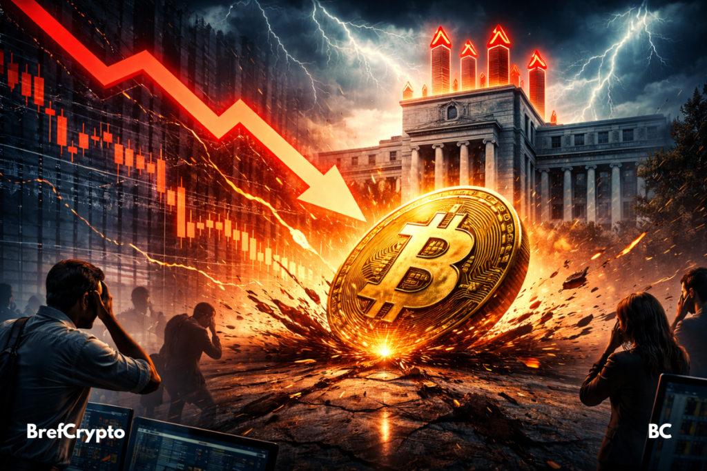 Illustration dramatique d’un personnage futuriste symbolisant la crypto, stoppé net par une main géante tenant une horloge brisée, devant le Capitole américain, avec des papiers législatifs flottant dans l’air.