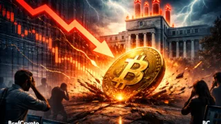 Illustration dramatique d’un personnage futuriste symbolisant la crypto, stoppé net par une main géante tenant une horloge brisée, devant le Capitole américain, avec des papiers législatifs flottant dans l’air.