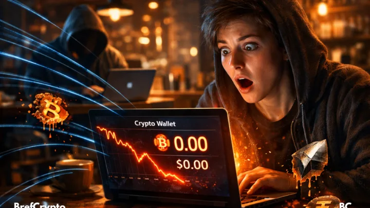 Une personne jeune, choquée, assise dans un café sombre, regarde un écran d’ordinateur affichant un portefeuille crypto vidé à zéro.