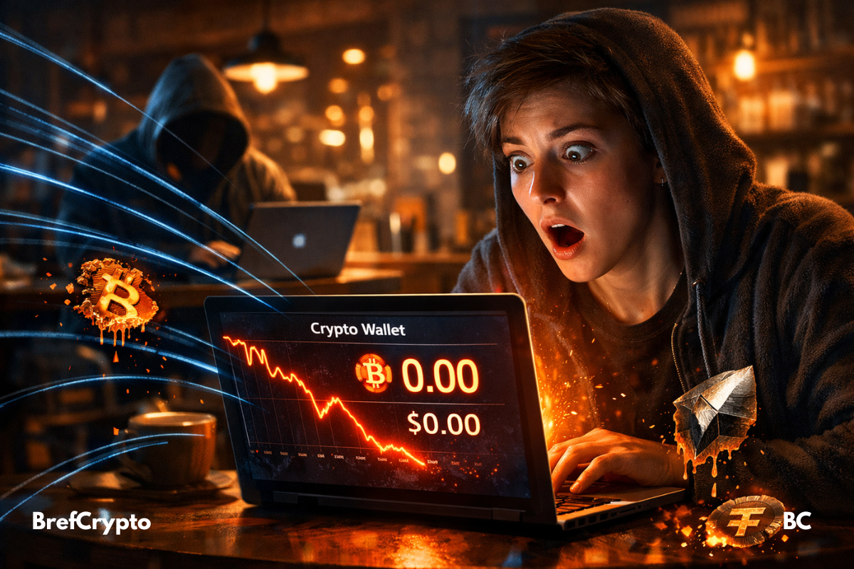 Une personne jeune, choquée, assise dans un café sombre, regarde un écran d’ordinateur affichant un portefeuille crypto vidé à zéro.
