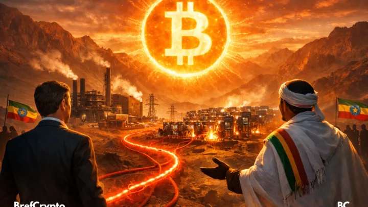 Deux hommes, un en costume et l'autre en tenue traditionnelle éthiopienne, observent une ferme de minage de Bitcoin illuminée par un symbole géant de la cryptomonnaie flottant dans le ciel.