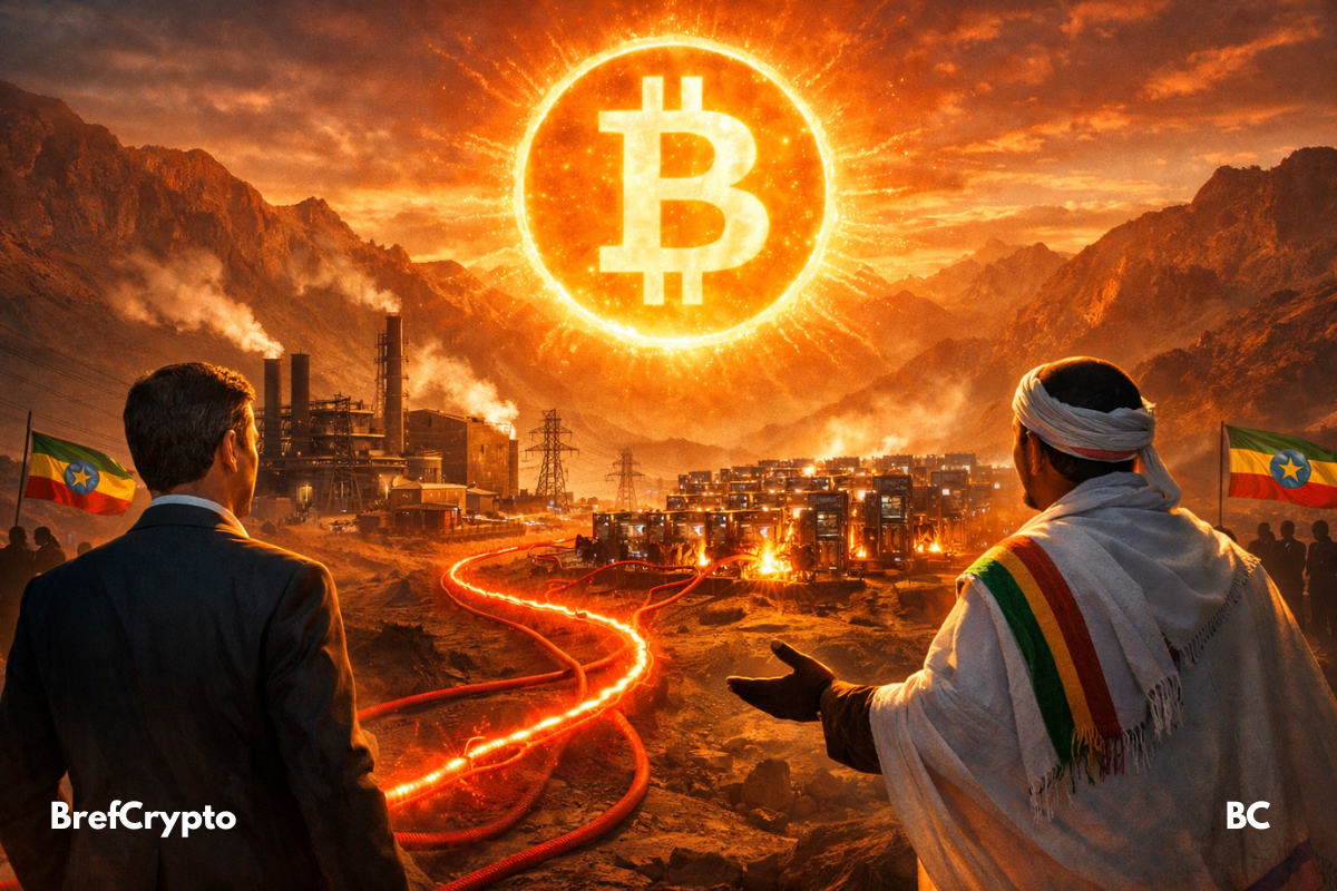 Deux hommes, un en costume et l'autre en tenue traditionnelle éthiopienne, observent une ferme de minage de Bitcoin illuminée par un symbole géant de la cryptomonnaie flottant dans le ciel.